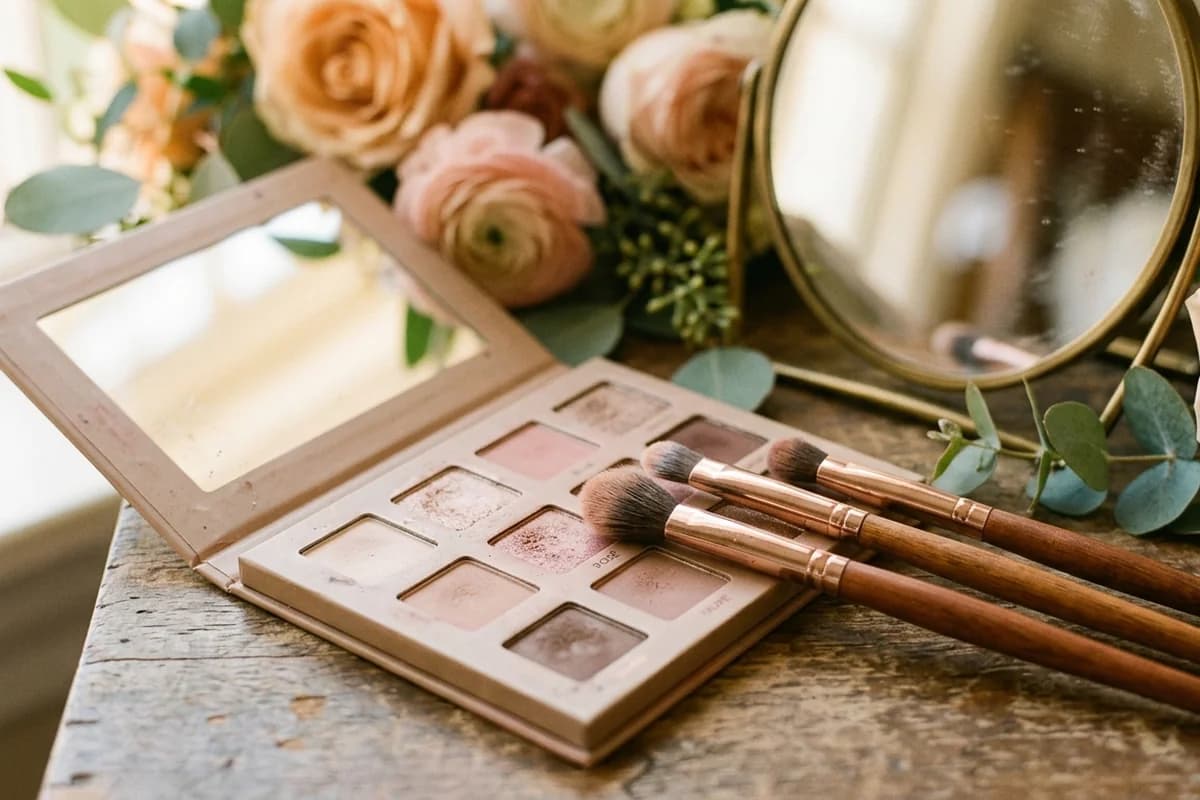 A neutral-blush eyeshadow palette and brushes laid out for a bridal trial in Adelaide