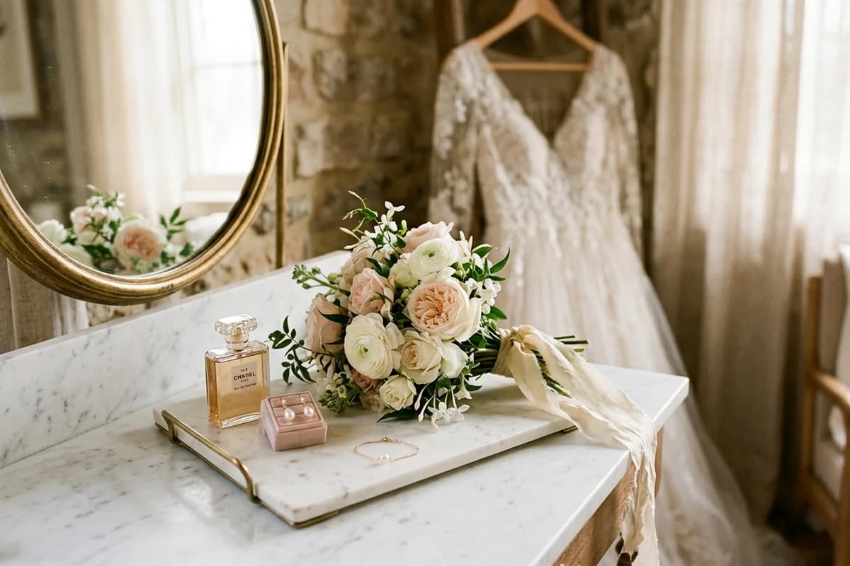 A bridal vanity styled with blush florals, perfume and jewellery in Adelaide