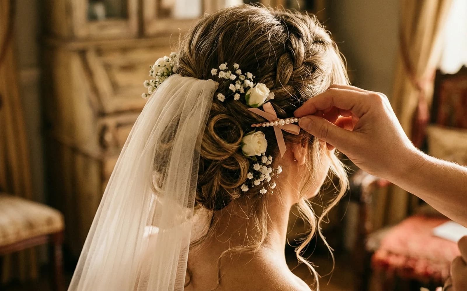 Bridal hair being styled into a soft updo with a veil and pins, Adelaide