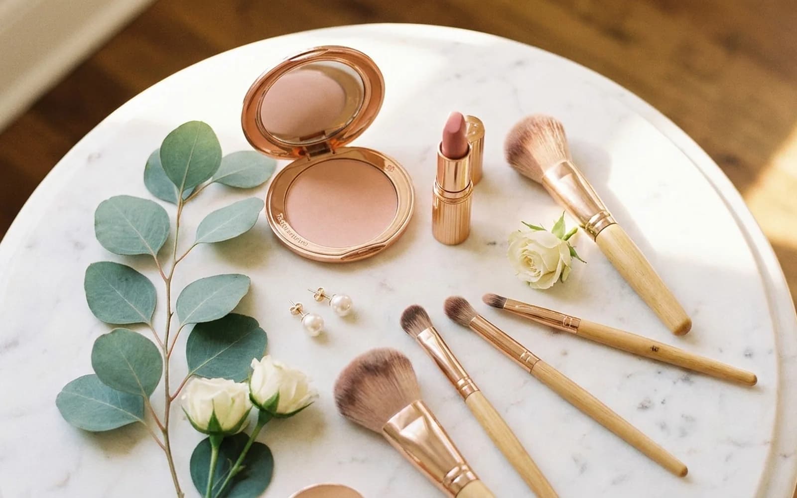 An overhead flat-lay of bridal makeup, brushes, lipstick and florals