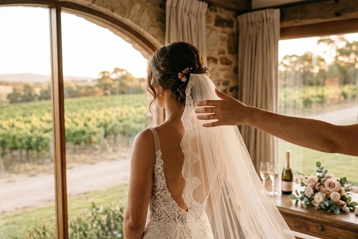 Bridal preparation at a Barossa Valley vineyard with golden light through a window