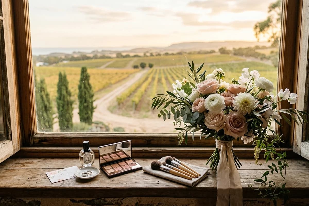A bridal bouquet and makeup on a windowsill overlooking McLaren Vale vines
