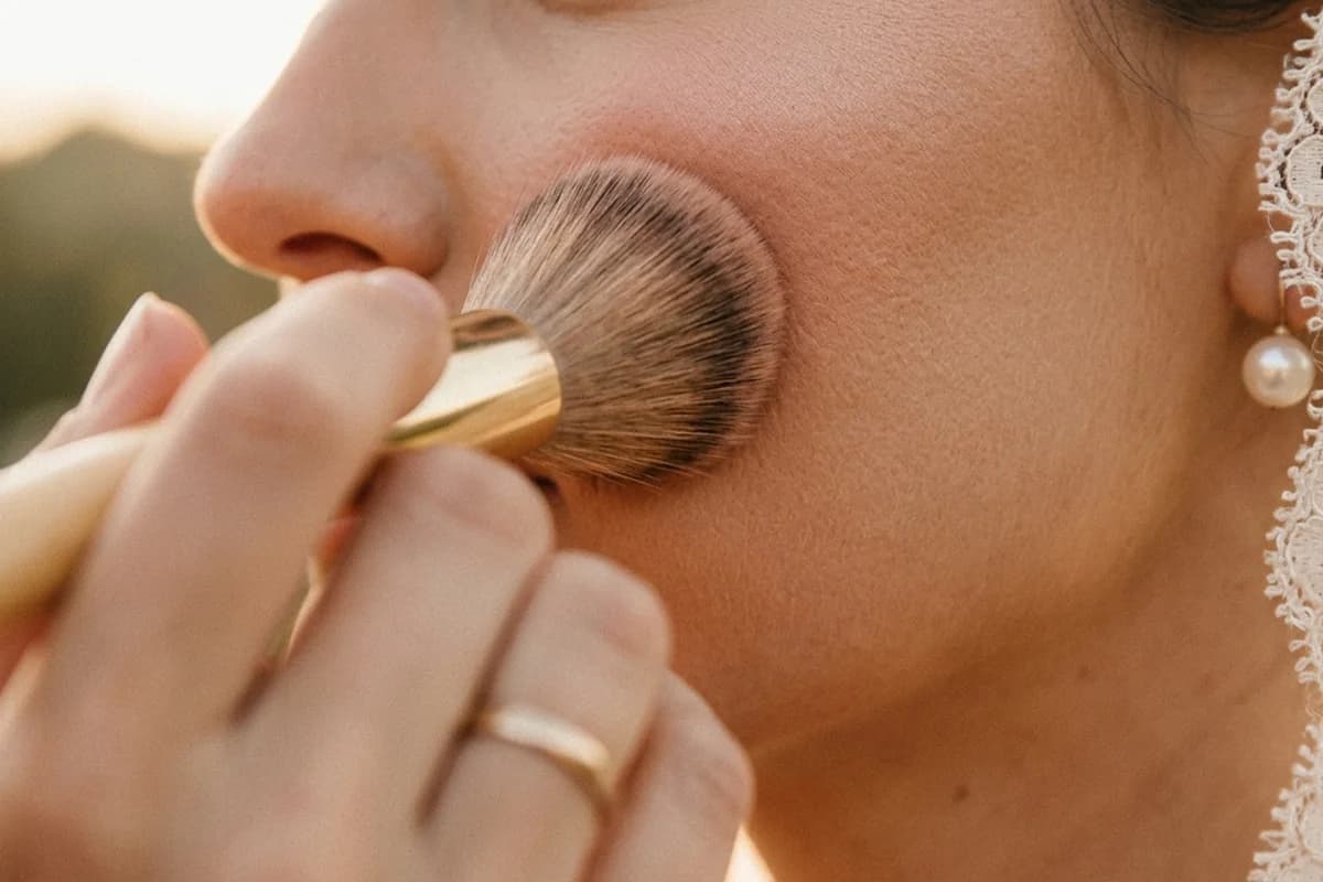 A makeup artist applying blush with a brush, close detail