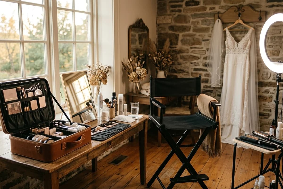A mobile bridal makeup kit set up by a window on location